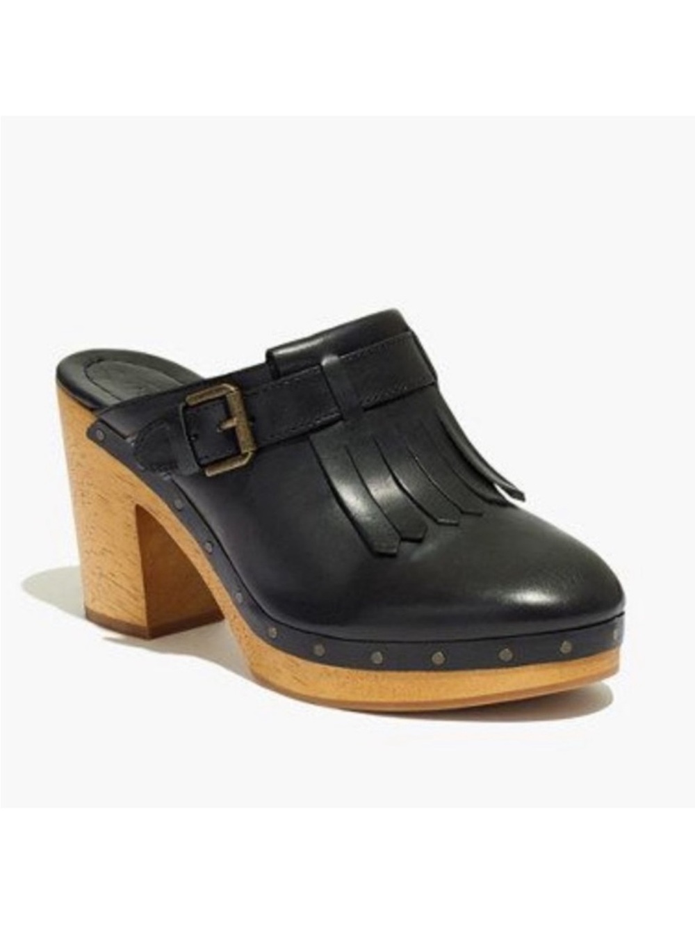 Kiltie Black Leather Fringe Clog Mule